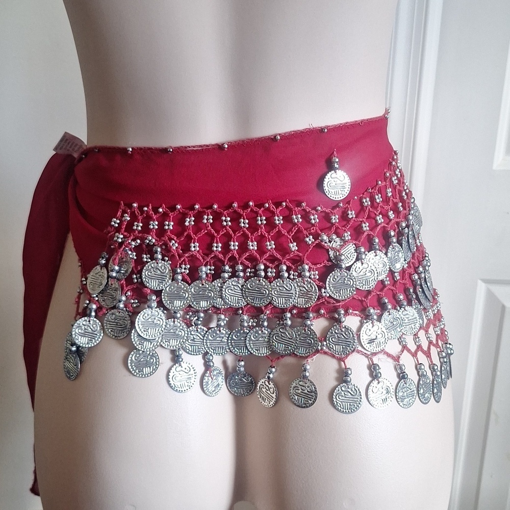 Chiffon 128 Silver Coins Belly Dance Costume Hip Skirt Scarf Wrap Belt And DVD - Picture 5 of 11
